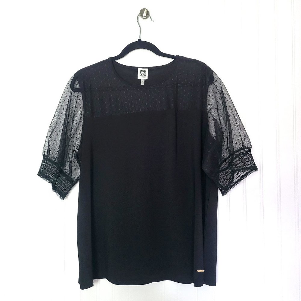 NWOT Anne Klein Black Blouse with Sheer Polka Dot Sleeves